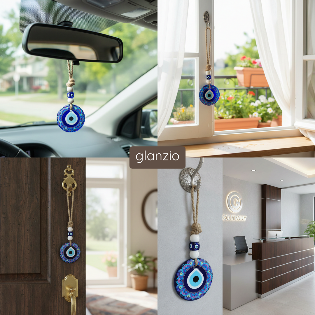 Glanzio Evil Eye Nazar Protection Hanging, Handcrafted Decorative Charm for Home, Office, Car & Entrance, Good Luck Wall Decor