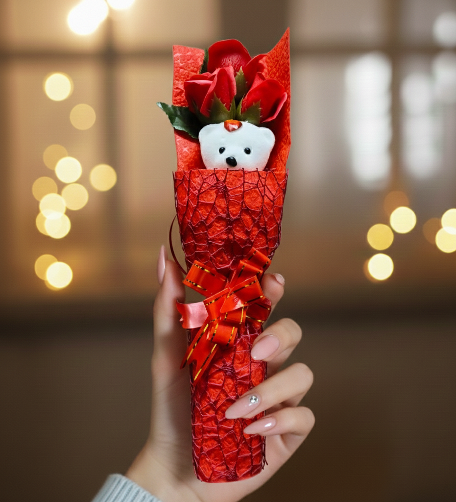 Rosy Embrace Teddy Bouquet by The Glanzio | Luxury Rose & Bear Gift Box